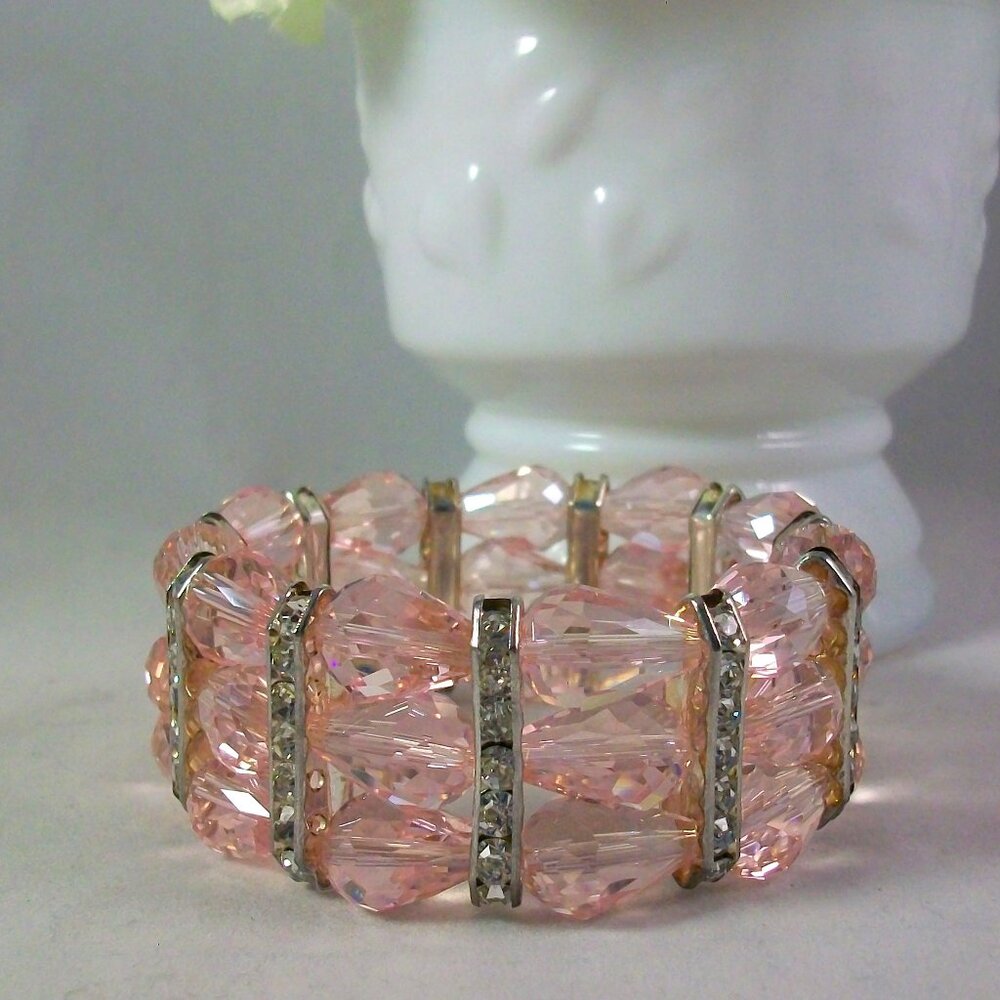 Pink Teardrop Beads Silver Clear Rhinestone Spacers Stretch Cuff Bracelet
